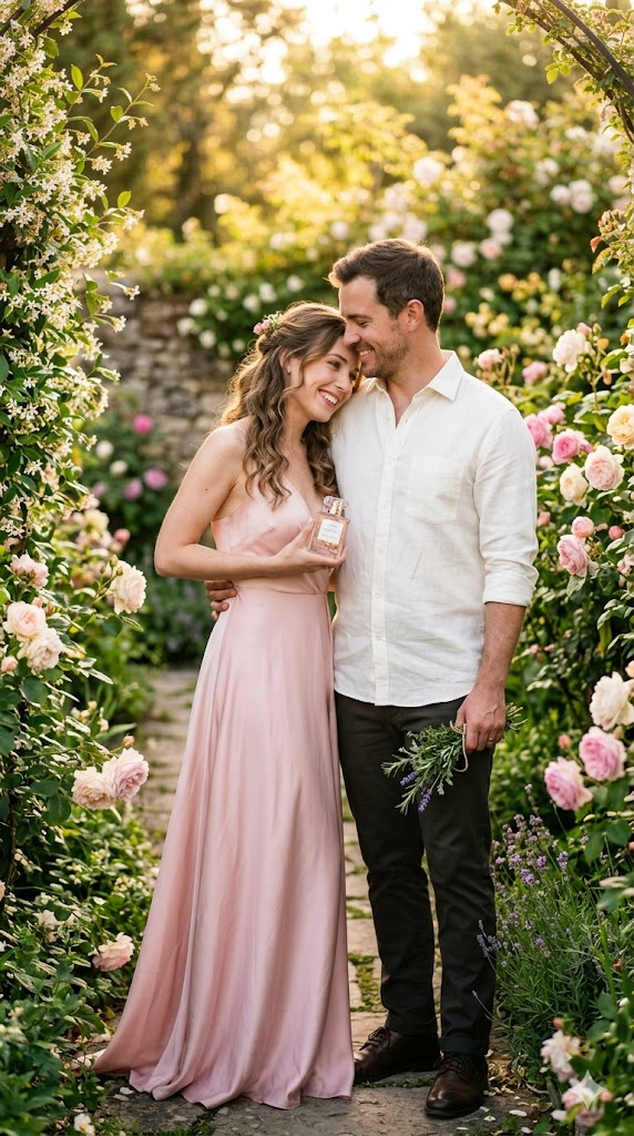 A romantic portrait of a couple in a scent-themed aesthetic — she wears a flowing silk dress in soft blush pink, he wears a crisp linen shirt in ivory. They stand in a sunlit garden with roses and jasmine in bloom. She holds a delicate perfume bottle, he holds a sprig of fresh herbs. Soft golden light, romantic atmosphere, 8k, hyper-realistic, luxury lifestyle photography, warm and inviting tones.
