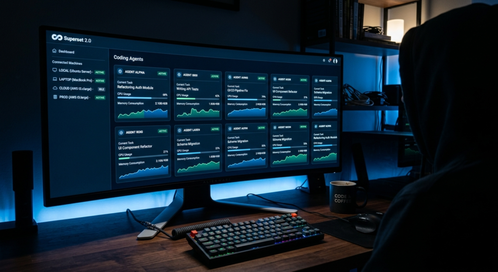 Superset 2.0 coding agents interface running multiple agents on remote machine