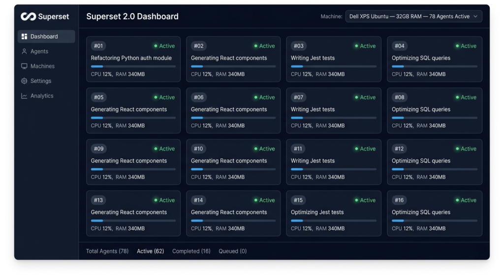 Superset 2.0 coding agents interface running multiple agents on remote machine