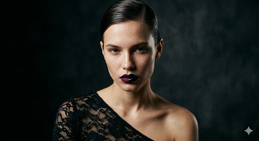 A striking beauty portrait of a model with two-toned lipstick — left side deep plum matte, right side glossy black. She wears an asymmetric lace top with one shoulder exposed. Her hair is slicked back in a wet-look style. Dramatic side lighting creating sharp shadows. Dark moody studio background. High-fashion editorial photography, 8k, hyper-realistic skin detail, shot on medium format camera.