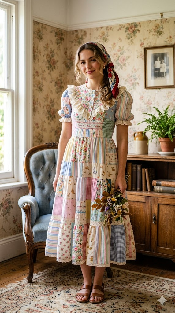 A creative fashion portrait of a woman wearing a dress made from upcycled vintage baby clothes — patchwork of retro floral prints, pastel colors, and delicate lace trims. She stands in a sunlit room with vintage wallpaper and antique furniture. Her hair is styled in loose waves with a vintage silk scarf. Quirky, sustainable, and unique. Fashion editorial photography, 8k, hyper-realistic, sustainable fashion aesthetic, bold and creative.