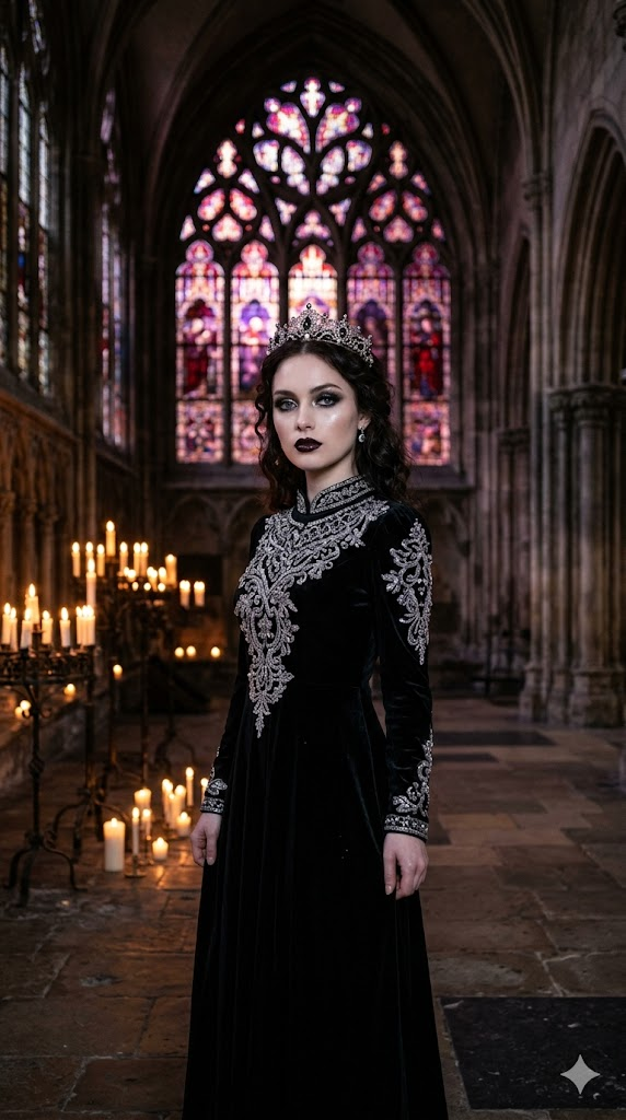 A hauntingly beautiful portrait of a woman in a floor-length black velvet gown with intricate silver embroidery along the neckline and sleeves. Her makeup features dark smokey eyes with silver glitter, glossy plum-black lips, and pale porcelain skin with a subtle sheen. She stands in a gothic cathedral with tall stained glass windows casting colored light — deep reds and purples. Candlelight flickers around her. Her dark hair is styled in loose waves with a silver tiara. Moody, romantic, cinematic lighting, 8k, hyper-realistic, dark fairytale aesthetic.