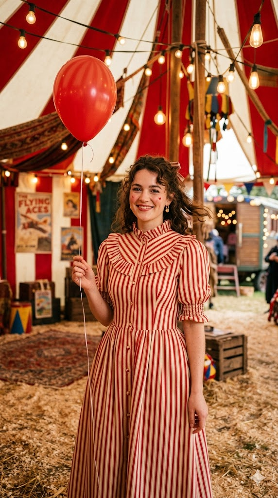 A whimsical portrait of a woman in a red and cream vertical striped dress with a ruffled collar and puffed sleeves. She stands inside a vintage circus tent with red and white canvas stripes, warm string lights, and sawdust on the floor. She holds a single red balloon. Her makeup is playful with a small red heart drawn on her cheek. Warm, nostalgic lighting, soft focus background, 8k, hyper-realistic, whimsical and charming atmosphere, editorial photography.