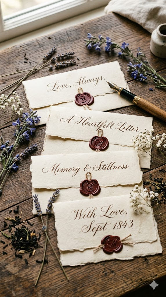 A beautiful flat lay of handwritten calligraphy letters on aged cream paper, sealed with red wax seals. A vintage fountain pen rests beside them. Dried lavender sprigs, a sprig of baby's breath, and a few loose tea leaves are scattered artfully around. The scene is shot on a weathered wooden desk with soft natural window light. Warm, nostalgic tones, macro photography, 8k, hyper-detailed paper texture, still life editorial quality.