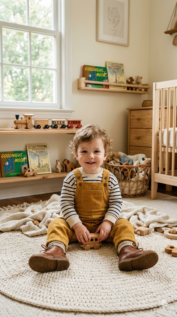 An adorable portrait of a toddler boy in vintage-inspired corduroy overalls in mustard yellow, a striped long-sleeve shirt in cream and navy, and tiny brown leather boots. He sits on a crocheted play mat in natural cotton. The nursery has natural wood furniture, a vintage toy train, and soft natural light from a large window. Warm, nostalgic, wholesome atmosphere. Lifestyle photography, 8k, hyper-realistic, parenting magazine quality, soft and gentle tones.