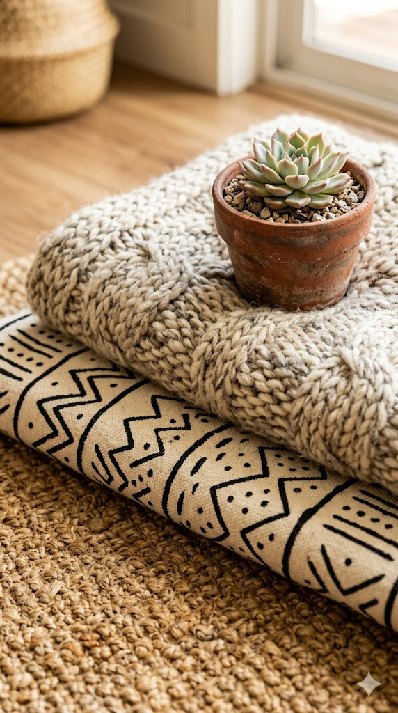 An extreme close-up of layered natural fiber textiles — a jute rug base, a mud cloth throw with black geometric patterns on cream, and a chunky hand-knit blanket in natural oatmeal wool. A small terracotta pot with a succulent sits on top. Warm afternoon light creates soft shadows emphasizing the textures. Macro photography, 8k, hyper-detailed fiber textures, still life editorial quality, tactile and inviting.
